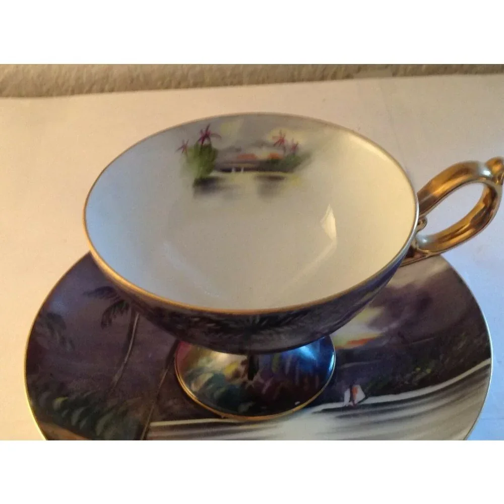 Norcrest Tropical Beach Scene Memory of Java Hand Painted Tea Cup Saucer Japan